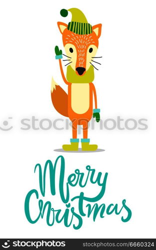 Merry Christmas greeting card with red fox in warm hat, cozy scarf, wool mittens and comfortable winter boots isolated vector animal with big fluffy tail.. Merry Christmas Greeting Card with Fox in Warm Hat