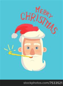 Merry Christmas greeting card with Santa Claus head, New Year pipe in mouth. Old bearded man in red head, face of Father Frost isolated on blue, vector. Merry Christmas Greeting Card, Santa Claus Head