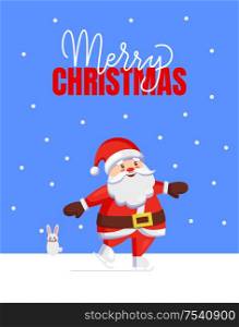 Merry Christmas greeting card with Santa Claus skating. Little bunny sitting on snow and looking at Father Frost. New Year holiday celebration postcard. Merry Christmas greeting card with Santa Claus