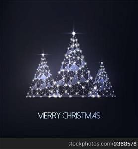 Merry Christmas greeting card with three futuristic glowing low polygonal trees on black background. Modern wire frame mesh design vector illustration.. Merry Christmas greeting card with three futuristic glowing low polygonal trees on black