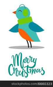 Merry Christmas greeting card with tiny bird with blue plumage in warm earpieces isolated vector illustration on white. Christmas animal in headgear.. Merry Christmas Greeting Card Tiny Bird Earpieces