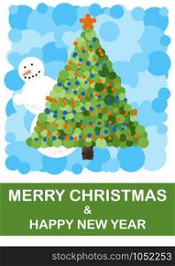 Merry Christmas greeting card with tree and snowman, vector illustration. Merry Christmas greeting card
