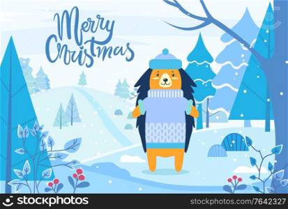 Merry christmas greeting card with urchin wearing knitted hat and sweater. Smiling hedgehog in woods with snowy pine trees. Calligraphic inscription, decorative lettering. Woodlands in december vector. Merry Christmas Hedgehog in Winter Forest Vector