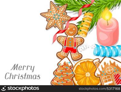 Merry Christmas greeting card with various gingerbreads. Merry Christmas greeting card with various gingerbreads.