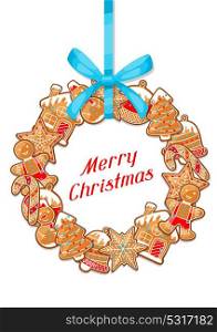 Merry Christmas greeting card with wreath of various gingerbreads. Merry Christmas greeting card with wreath of various gingerbreads.