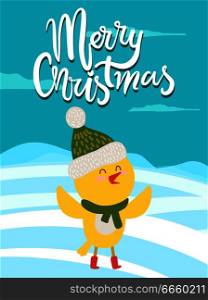 Merry Christmas greeting card with yellow chicken in scarf icon isolated on winter landscape. Vector of happy bird in green knitted hat with bubo. Merry Christmas Greeting Card with Yellow Chicken