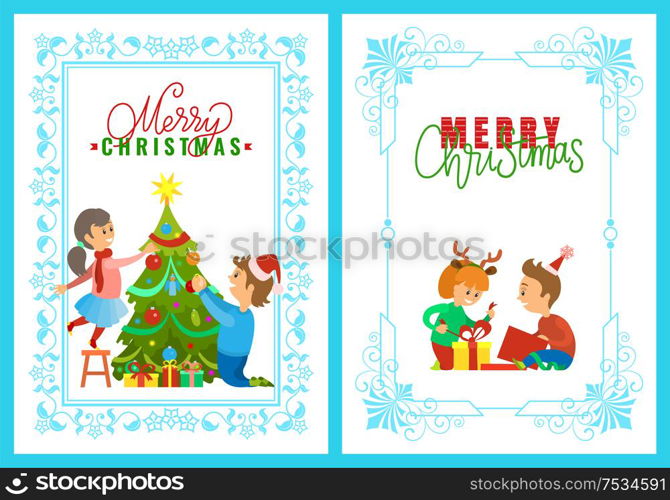 Merry Christmas greeting cards, children opening presents and decorating New Year tree vector. Girl wearing reindeer horns and boy in Santa hat, frame. Christmas Holidays, Children Opening Presents