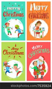 Merry Christmas greeting cards set. Vector children playing snowballs, skating outdoors, girl making hand made presents, boy telling wishes to Santa Claus. New Year Holidays Merry Christmas Postcards Set