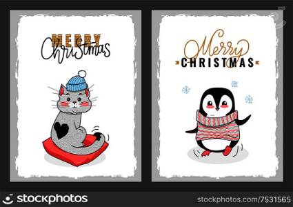 Merry Christmas greeting cards with penguin and cat. Vector kitten in knitted hat sitting on the pillow and joyful penguin in knitted striped scarf.. Merry Christmas Greeting Cards, Penguin and Cat