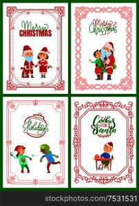 Merry Christmas greeting cards with Santa Claus vector. Children skating on ice rink, boy making wish and writing letter mail. Child telling dreams. Merry Christmas Greeting Cards with Santa Claus