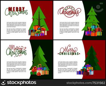 Merry Christmas greeting cards with Xmas tree and packed gift boxes. Piles of presents under New Year spruce, leaflets or invitations with place for text. Merry Christmas Greeting Cards Xmas tree and Gifts