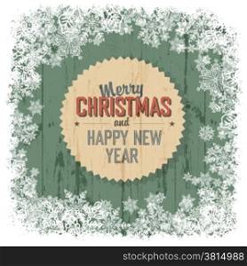 Merry Christmas greeting on green wooden background, vector.