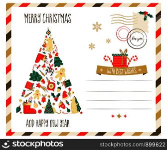 Merry Christmas greeting postcard with Christmas eve and elements. Merry Christmas vector greeting postcard with elements