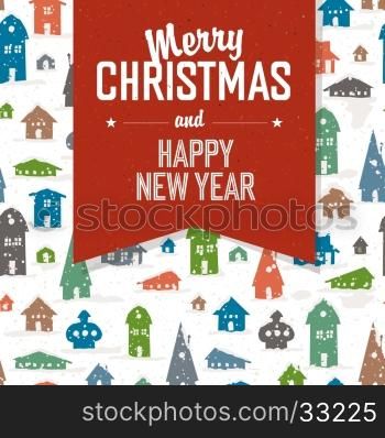 Merry Christmas Greeting Postcard. Xmas Village. Vector illustration.