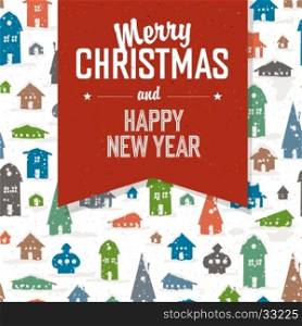 Merry Christmas Greeting Postcard. Xmas Village. Vector illustration.