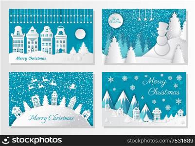 Merry Christmas greeting postcards mountains and city. Vector village with houses and spruces on hill, Santa and deer riding in sky. Forest with snowman, snowy trees. Merry Christmas Greeting Cards Mountains and City