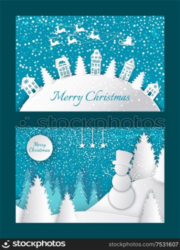 Merry Christmas greeting postcards with houses and spruces on hill, Santa and deer riding in sky. Forest with snowman, snowy trees, wintertime landscapes vector. Merry Christmas Greeting Postcards with Houses