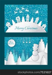 Merry Christmas greeting postcards with houses and spruces on hill, Santa and deer riding in sky. Forest with snowman, snowy trees, wintertime landscapes vector. Merry Christmas Greeting Postcards with Houses