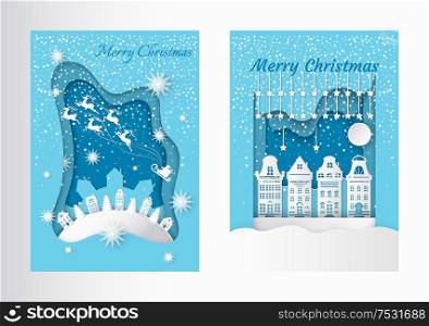 Merry Christmas greeting postcards with houses and spruces on hill, Santa and deer riding in sky. Homes and snowy trees, wintertime landscapes vector. Merry Christmas Greeting Postcards with Houses