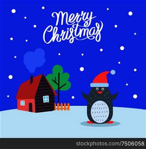 Merry Christmas greeting poster with penguin and text sample vector, House and tree with wooden fence. Animal wearing Santa Claus hat, snowing weather. Merry Christmas Greeting Poster Penguin Vector