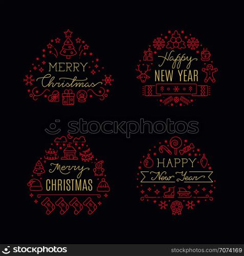 Merry christmas greeting scripts with xmas holiday line icons. Vector set winter holiday badge illustration. Merry christmas greeting scripts with xmas holiday line icons. Vector set