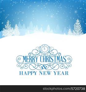 Merry Christmas greeting text with snow hills and trees. Vector illustration.