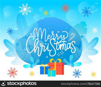 Merry christmas greeting vector. Winter landscape with snowflakes and foliage of nature. Presents in boxes for xmas or new year celebration. Packages for traditional exchanging flat style illustration. Merry Christmas Winter Holidays Greeting Card