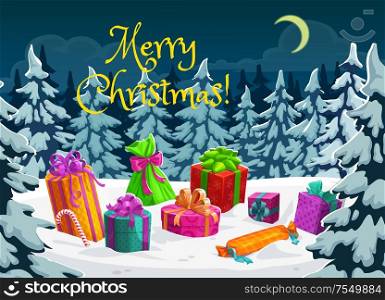 Merry Christmas greeting, winter holidays celebration vector poster. Santa gifts and presents with candy cane on snow, moon in night sky in forest. Christmas gift presents on snow in nigh forest
