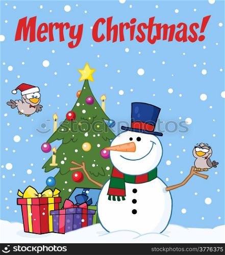 Merry Christmas Greeting With A Snowman And Cute Birds