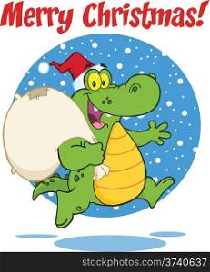 Merry Christmas Greeting With Crocodile Santa Cartoon Character Running With Bag