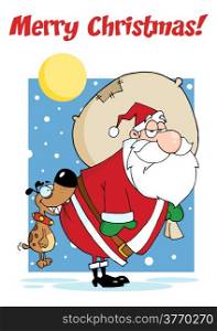 Merry Christmas Greeting With Dog Biting A Santa Claus In The Night