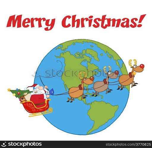 Merry Christmas Greeting With Santa And Reindeer Flying Over Earth