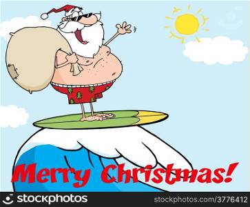 Merry Christmas Greeting With Santa Claus Carrying His Sack While Surfing