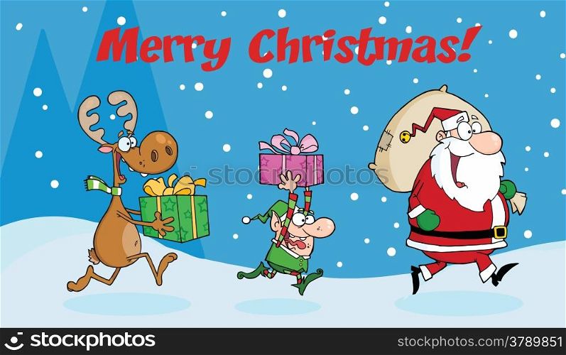 Merry Christmas Greeting With Santa Claus,Elf and Reindeer Runs With Gifts