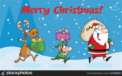 Merry Christmas Greeting With Santa Claus,Elf and Reindeer Runs With Gifts