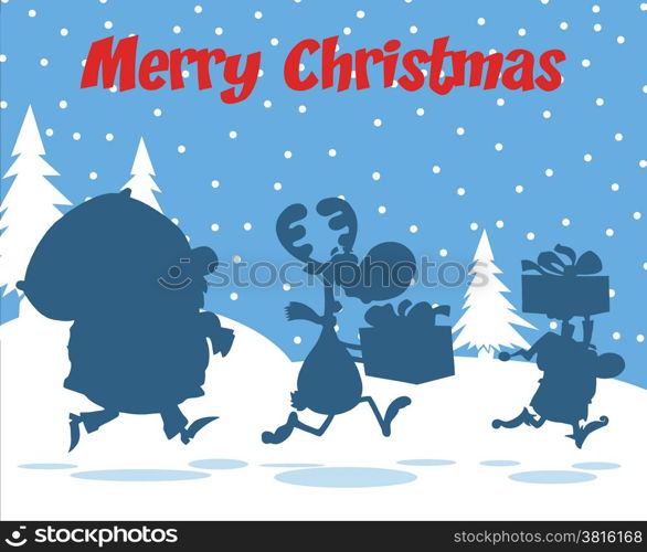 Merry Christmas Greeting With Santa Claus,Reindeer And Elf Silhouettes