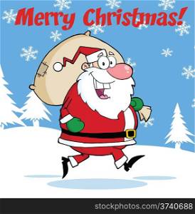 Merry Christmas Greeting With Santa Claus Running With Bag