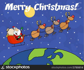 Merry Christmas Greeting With Team Of Reindeer And Santa