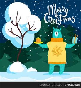 Merry Christmas greeting with winter holidays vector. Pine forest with spruce and fir trees. Bear wearing knitted sweater with ornaments holding cake and present in box. Cute animal under snowfall. Merry Christmas, Bear with Cake and Present Card