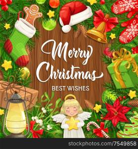 Merry Christmas, greetings and best wishes for winter holidays, vector poster. Xmas tree decorations and ornaments, Christmas gifts and angel, candle lantern and holly wreath, Santa hat and mistletoe. Christmas tree decorations, gifts and eve angel