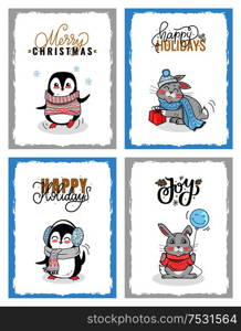 Merry Christmas greetings cards from winter animals. Penguin in warm hat that holding lovely red heart. Rabbit with blue balloon wanted us to joy holidays.. Merry Christmas Greetings Cards from Winter Animals