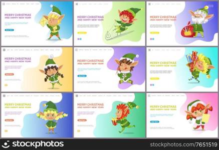 Merry christmas greetings, elves xmas characters with gifts and presents for celebration. Winter personages wearing green costumes. Boys and girls. Website or webpage template, landing page flat style. Merry Christmas and New Year, Elves Set Website