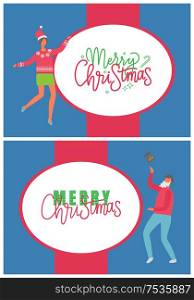 Merry Christmas greetings from people vector. Party, coworkers dancing at corporate fest celebrating New Year holiday. Vector cartoon style characters. Merry Christmas Greetings from People Vector Party
