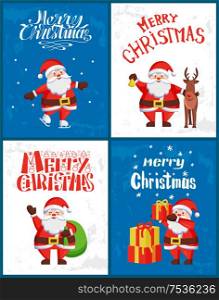 Merry Christmas greetings on postcards, Santa Claus winter activities vector. Father Frost skating on ice rink, walking with reindeer, presents in bag or sack. Merry Christmas Greetings on Postcards Santa Claus
