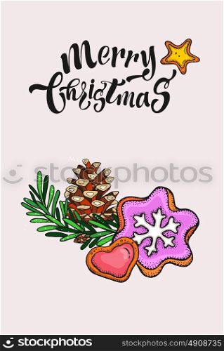 Merry Christmas hand drawn card. Isolated on a white background. Fir branch, fir-cone, and Christmas cookies.