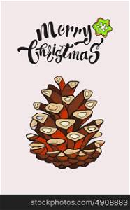 Merry Christmas hand drawn card. Isolated on a white background. Fir-cone.