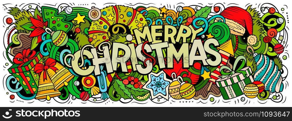 Merry Christmas hand drawn doodles horizontal illustration. New Year objects and elements poster design. Creative cartoon holidays art background. Colorful vector drawing. Merry Christmas doodles illustration. New Year objects and elements design