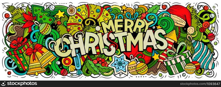 Merry Christmas hand drawn doodles horizontal illustration. New Year objects and elements poster design. Creative cartoon holidays art background. Colorful vector drawing. Merry Christmas doodles illustration. New Year objects and elements design