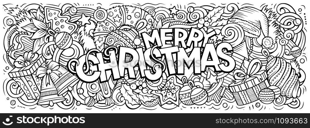 Merry Christmas hand drawn doodles horizontal illustration. New Year objects and elements poster design. Creative cartoon holidays art background. Sketchy vector drawing. Merry Christmas doodles illustration. New Year objects and elements design