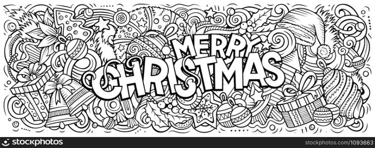 Merry Christmas hand drawn doodles horizontal illustration. New Year objects and elements poster design. Creative cartoon holidays art background. Sketchy vector drawing. Merry Christmas doodles illustration. New Year objects and elements design
